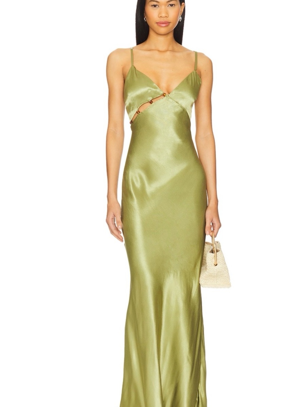 MINKPINK Olive Satin Slip Maxi Dress with Ring Cutout